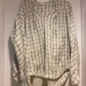 Free People Blue and White Striped hooded long sleeve top
